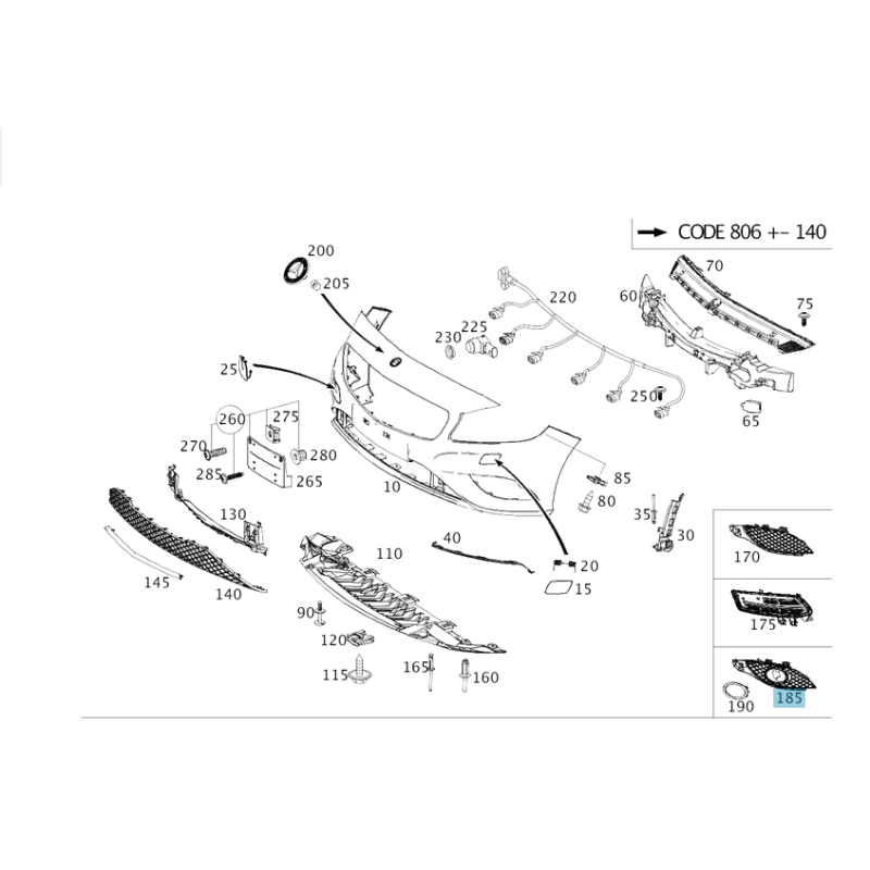 Front Bumper Left Grille Cover Mercedes-Benz A-Class W176 (chromium) A1768850522