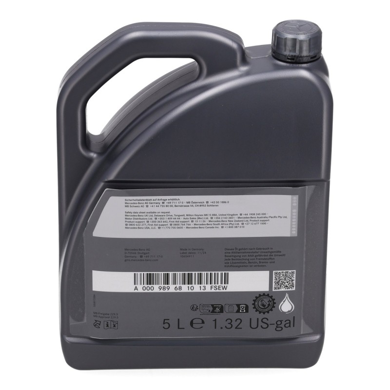 Genuine Mercedes-Benz 5W-40 fully synthetic engine oil (5L) with strict MB 229.5 approval.